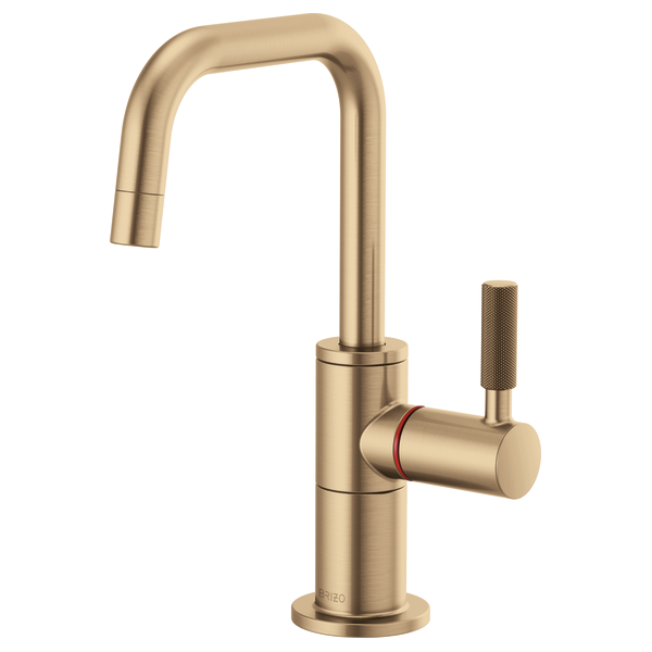 Brushed gold instant hot faucet with square spout, knurled side handle, and round base.