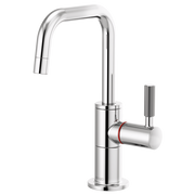 Chrome instant hot faucet with tall square spout, knurled side handle, and red accent band.