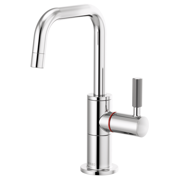 Chrome instant hot faucet with tall square spout, knurled side handle, and red accent band.