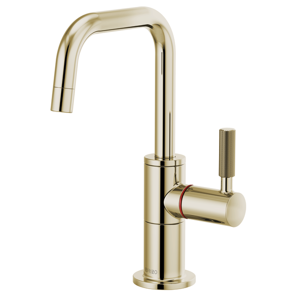 Polished gold instant hot faucet with square spout, cylindrical body, and knurled side handle.