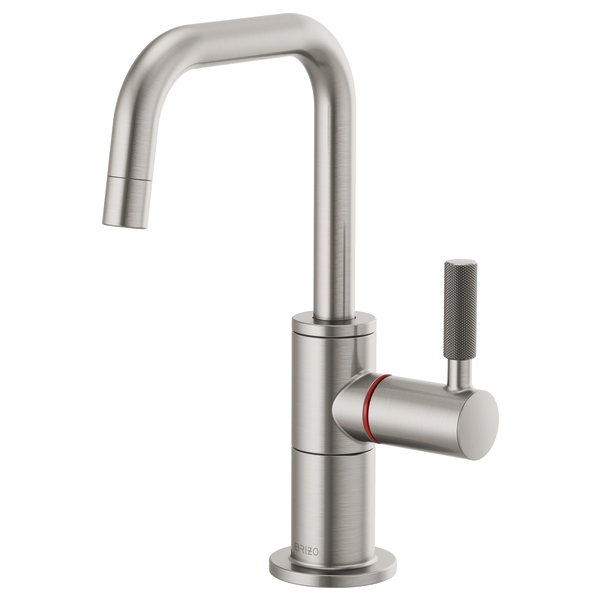 Stainless steel instant hot faucet with square spout, cylindrical body, and knurled side handle with red accent band.