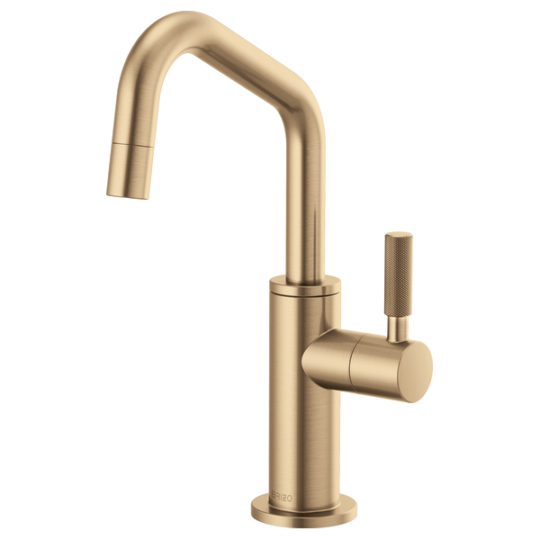 Champagne bronze beverage faucet with angled spout and textured cylindrical handle.