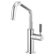 Chrome beverage faucet with angled spout, cylindrical body, and knurled handle.