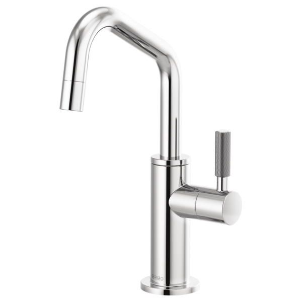 Chrome beverage faucet with angled spout, cylindrical body, and knurled handle.