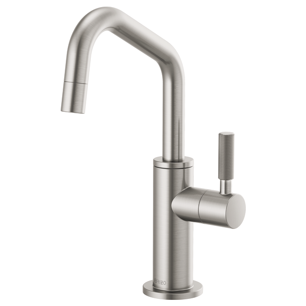 Stainless steel beverage faucet with curved angled spout and cylindrical knurled side handle.