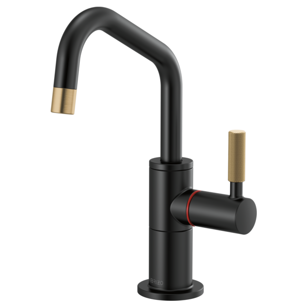 Black instant hot faucet with angled spout, knurled brass handle, and red accent band on cylindrical body.