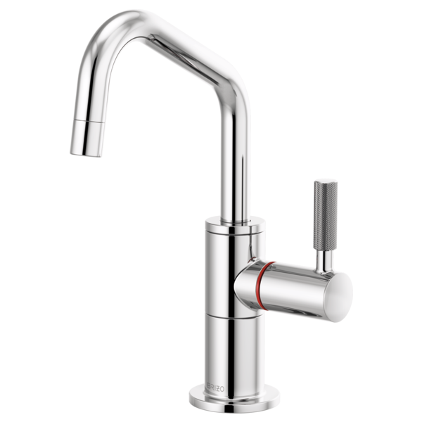 Chrome instant hot faucet with angled spout and knurled side handle.