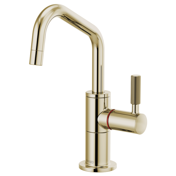 Polished brass instant hot faucet with angled spout and cylindrical knurled handle on round base.