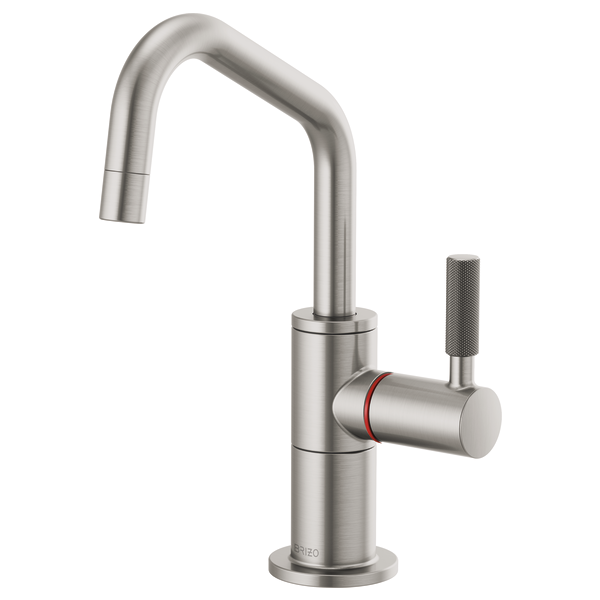 Brushed stainless steel instant hot faucet with angled spout and cylindrical knurled handle.