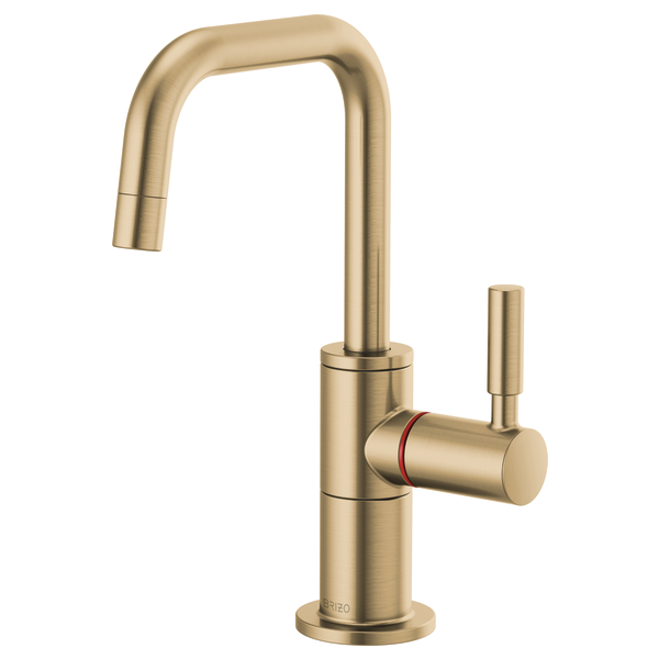 Champagne bronze instant hot faucet with tall squared spout and side lever handle.