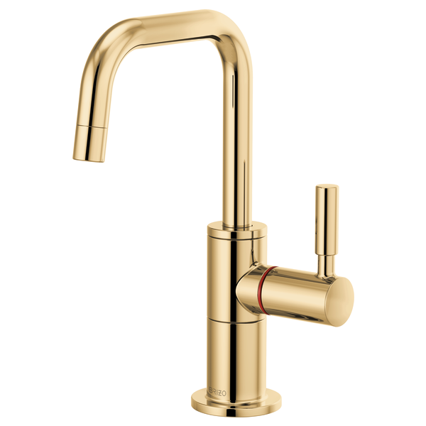 Gold instant hot faucet with square spout and side lever handle.