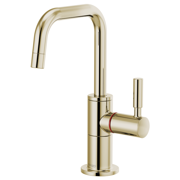 Polished brass instant hot faucet with tall squared spout, single handle lever, and compact cylindrical base.