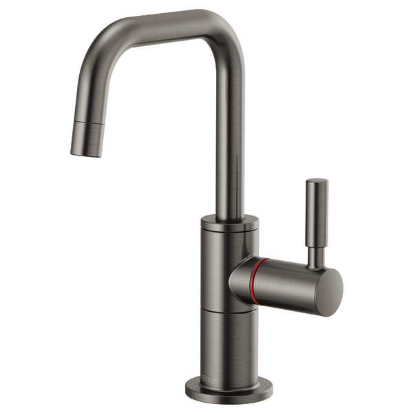 Brushed stainless steel instant hot faucet with squared U-shaped spout and single side handle lever.