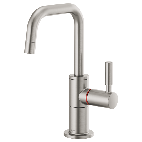 Stainless steel instant hot faucet with tall curved spout, single lever handle, and round base.