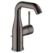 Grohe Essence single-handle bathroom faucet in dark graphite with curved spout and cylindrical handle.