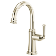 Polished nickel beverage faucet with curved gooseneck spout and single lever handle.