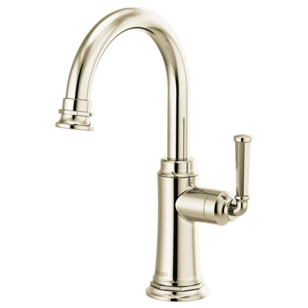 Polished nickel beverage faucet with curved gooseneck spout and single lever handle.