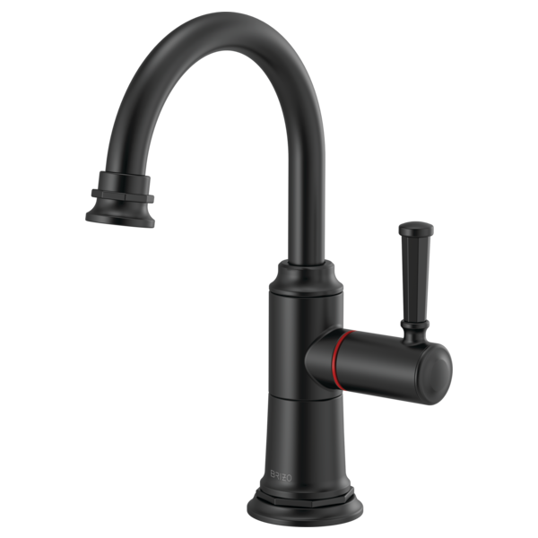 Black instant hot faucet with curved arc spout and lever handle with red accent band.