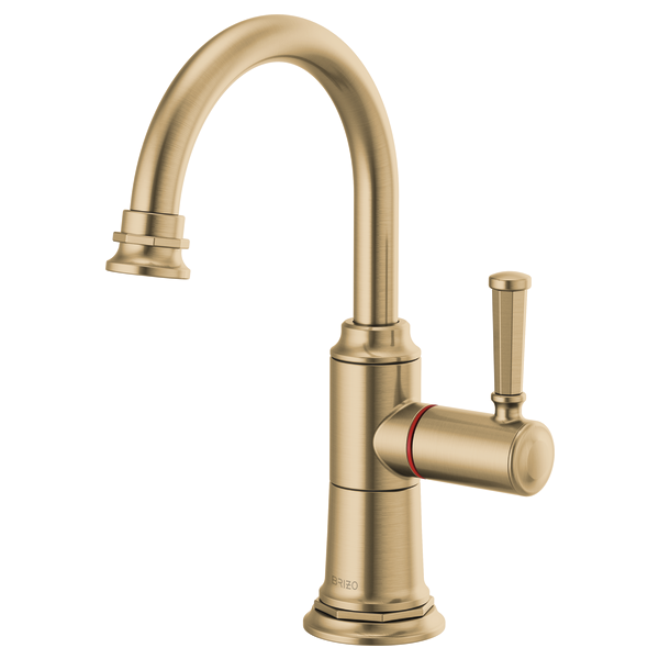 Champagne bronze instant hot faucet with arched spout and single lever handle.