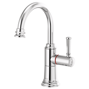 Chrome arc faucet with cylindrical body, curved spout, and single side-mounted lever handle with red accent band.