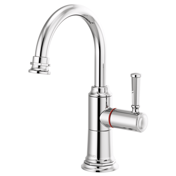 Chrome arc faucet with cylindrical body, curved spout, and single side-mounted lever handle with red accent band.