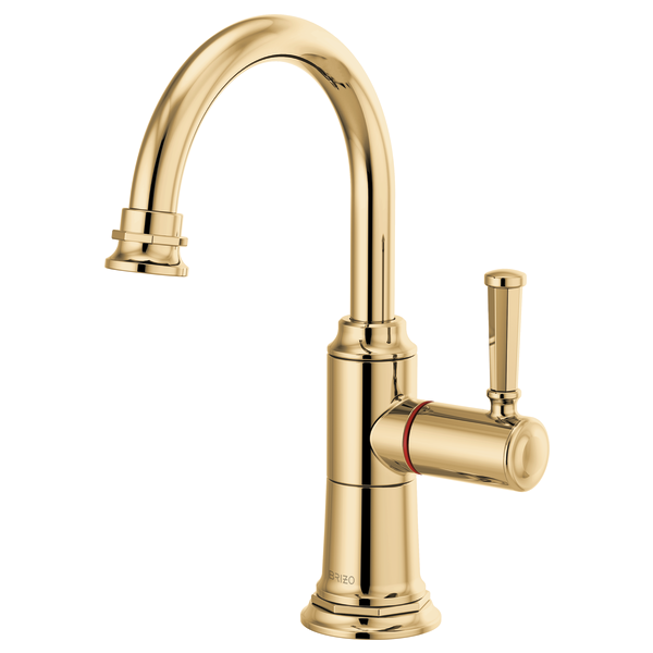 Gold-finished instant hot faucet with high arc spout and single side handle lever.