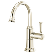 Polished nickel instant hot faucet with curved spout, single lever handle, and aerator head.