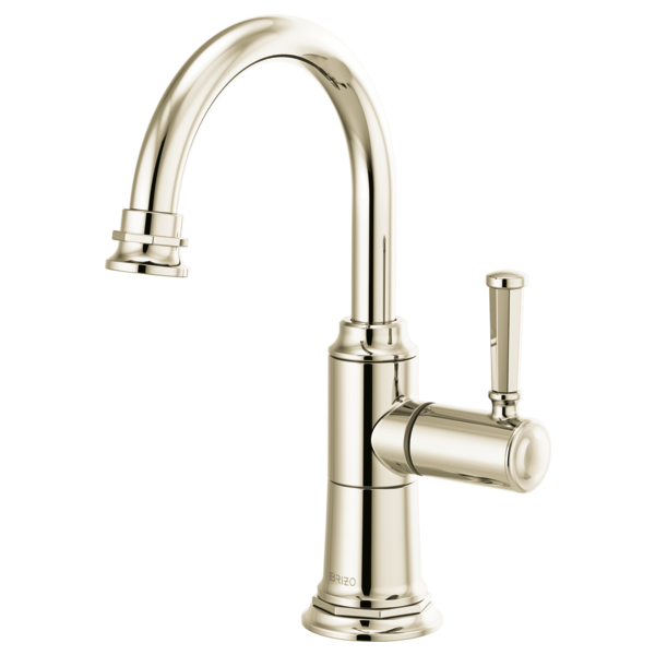 Polished nickel instant hot faucet with curved spout, single lever handle, and aerator head.