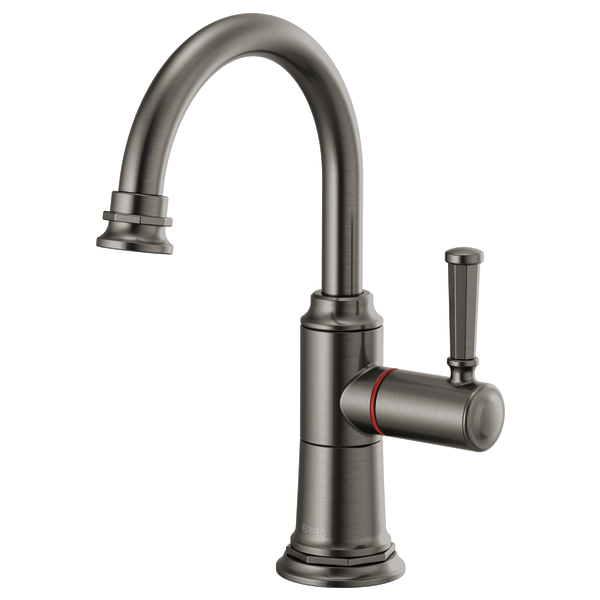 Brushed stainless steel faucet with high arc spout, single lever handle, and red accent band.