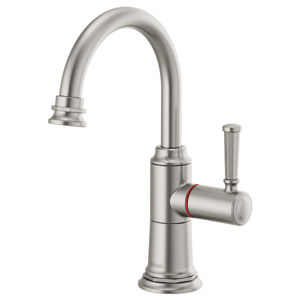 Stainless steel instant hot faucet with curved arc spout and single lever handle.
