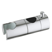 Chrome sliding rail holder with adjustable bracket and mounting attachment for bathroom fixtures.