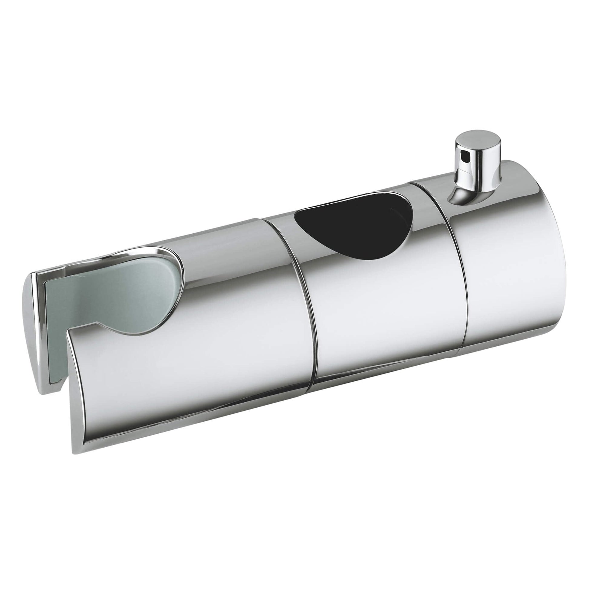 Chrome sliding rail holder with adjustable bracket and mounting attachment for bathroom fixtures.
