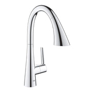 Chrome pull-down kitchen faucet with curved spout and single lever handle.
