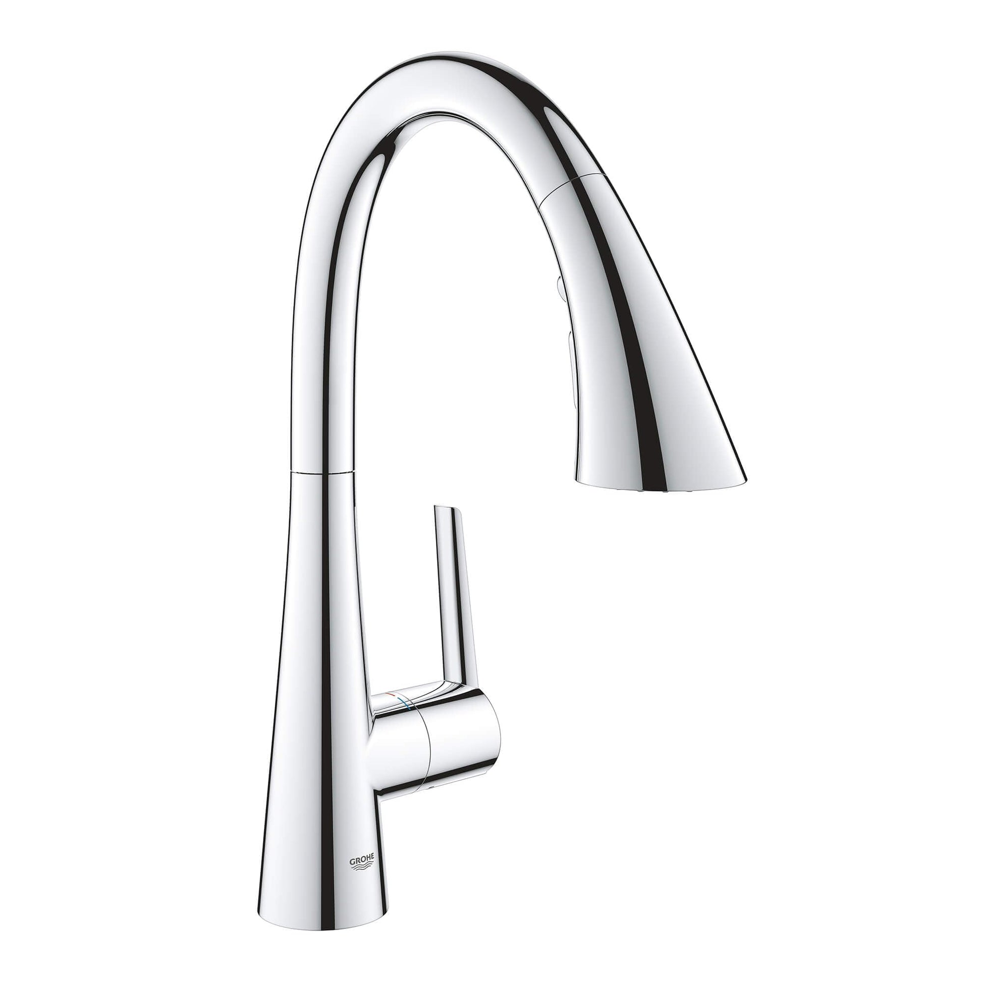 Chrome pull-down kitchen faucet with curved spout and single lever handle.