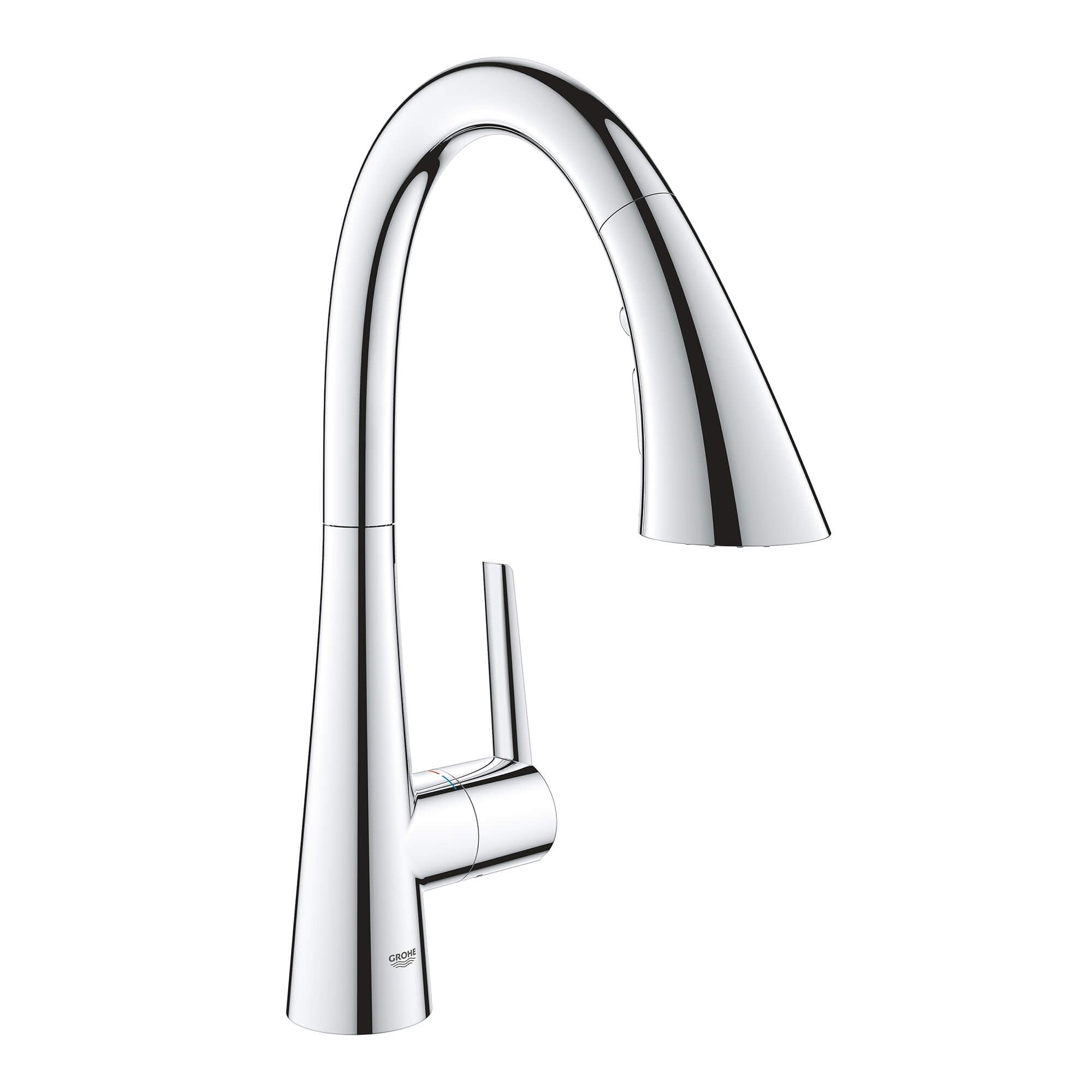 Chrome pull-down kitchen faucet with curved spout and single lever handle.