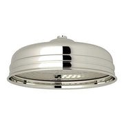 Large round polished nickel shower head with multiple spray holes and decorative ring bands.