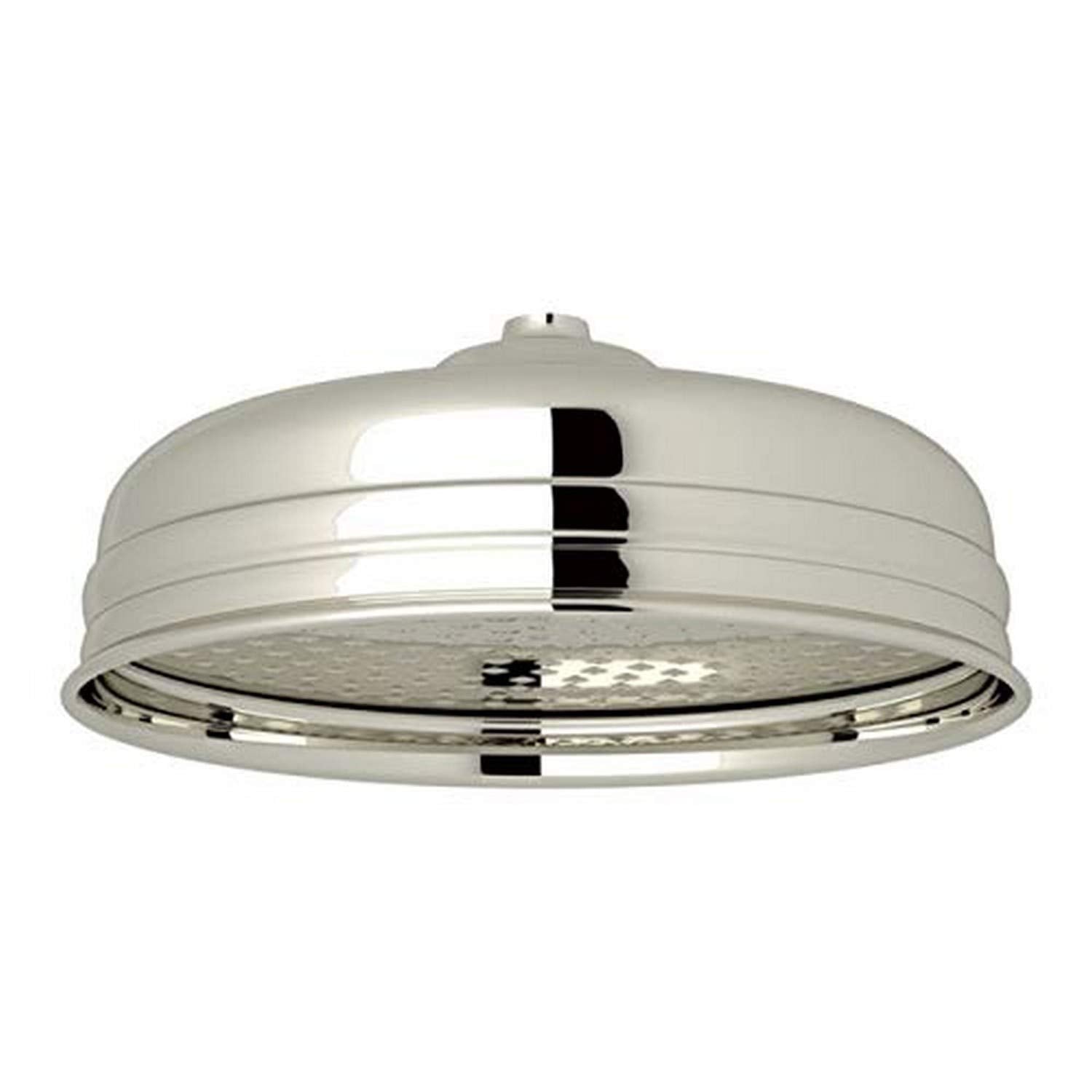 Large round polished nickel shower head with multiple spray holes and decorative ring bands.