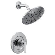 Chrome shower trim with 8-inch round rain head and wall-mounted control valve with lever handle.