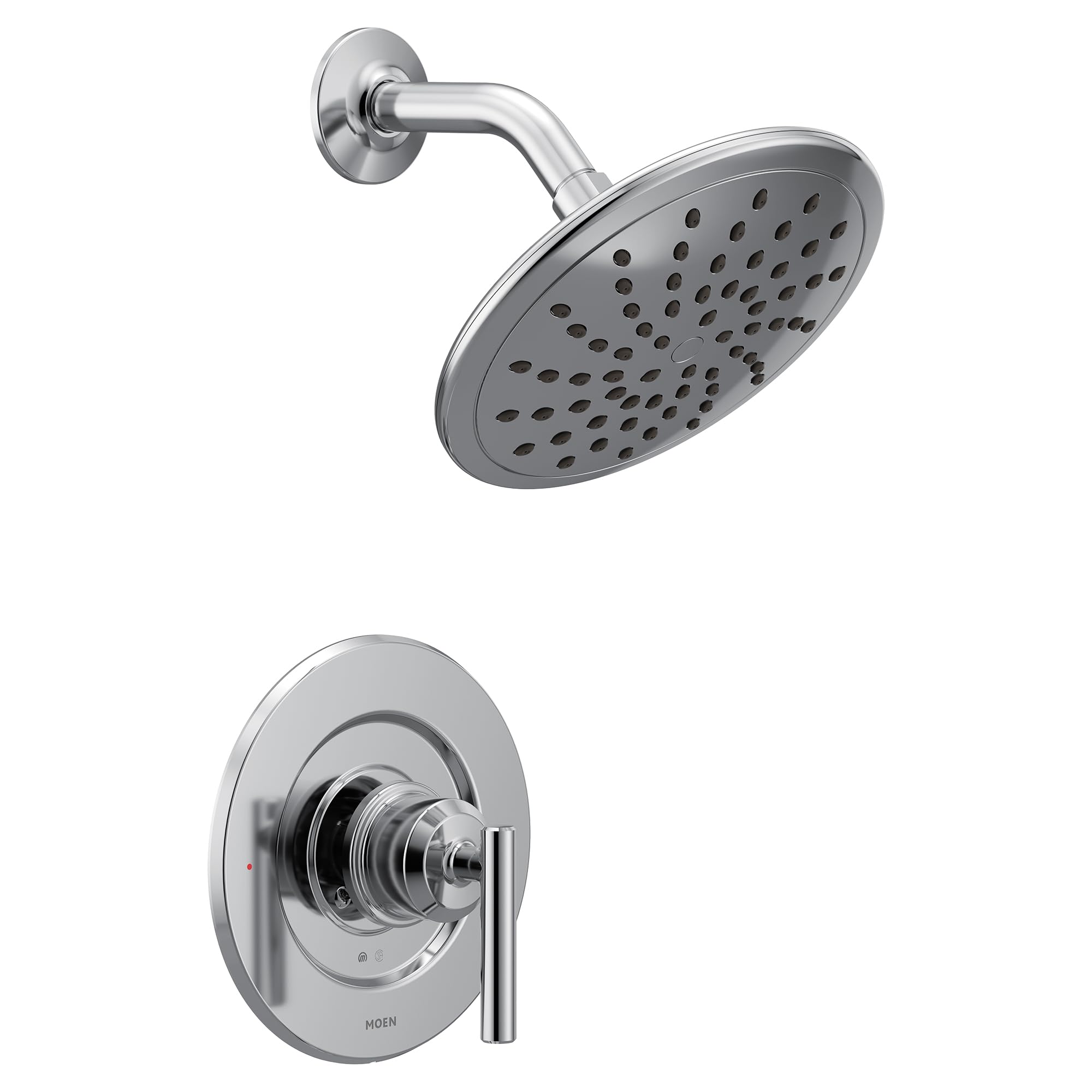 Chrome shower trim with 8-inch round rain head and wall-mounted control valve with lever handle.