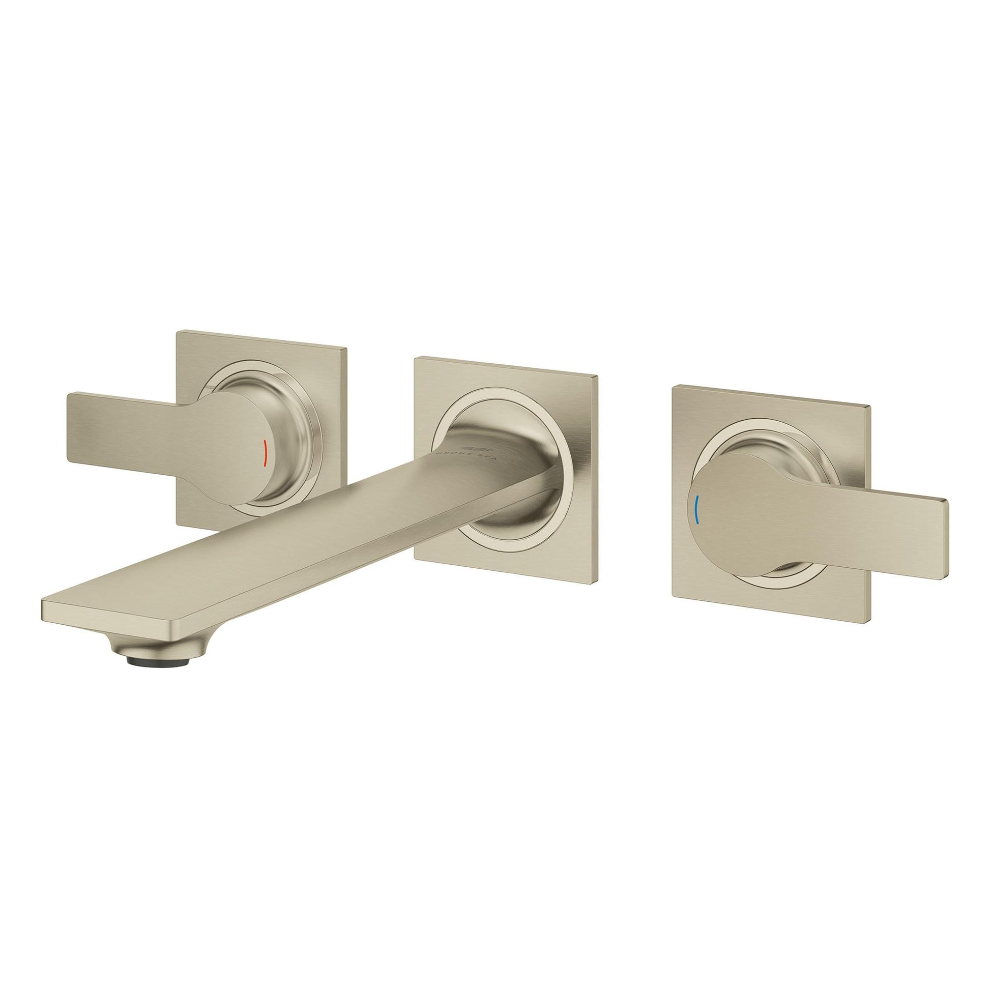 Grohe Allure chrome wall-mount faucet with two lever handles and curved spout.