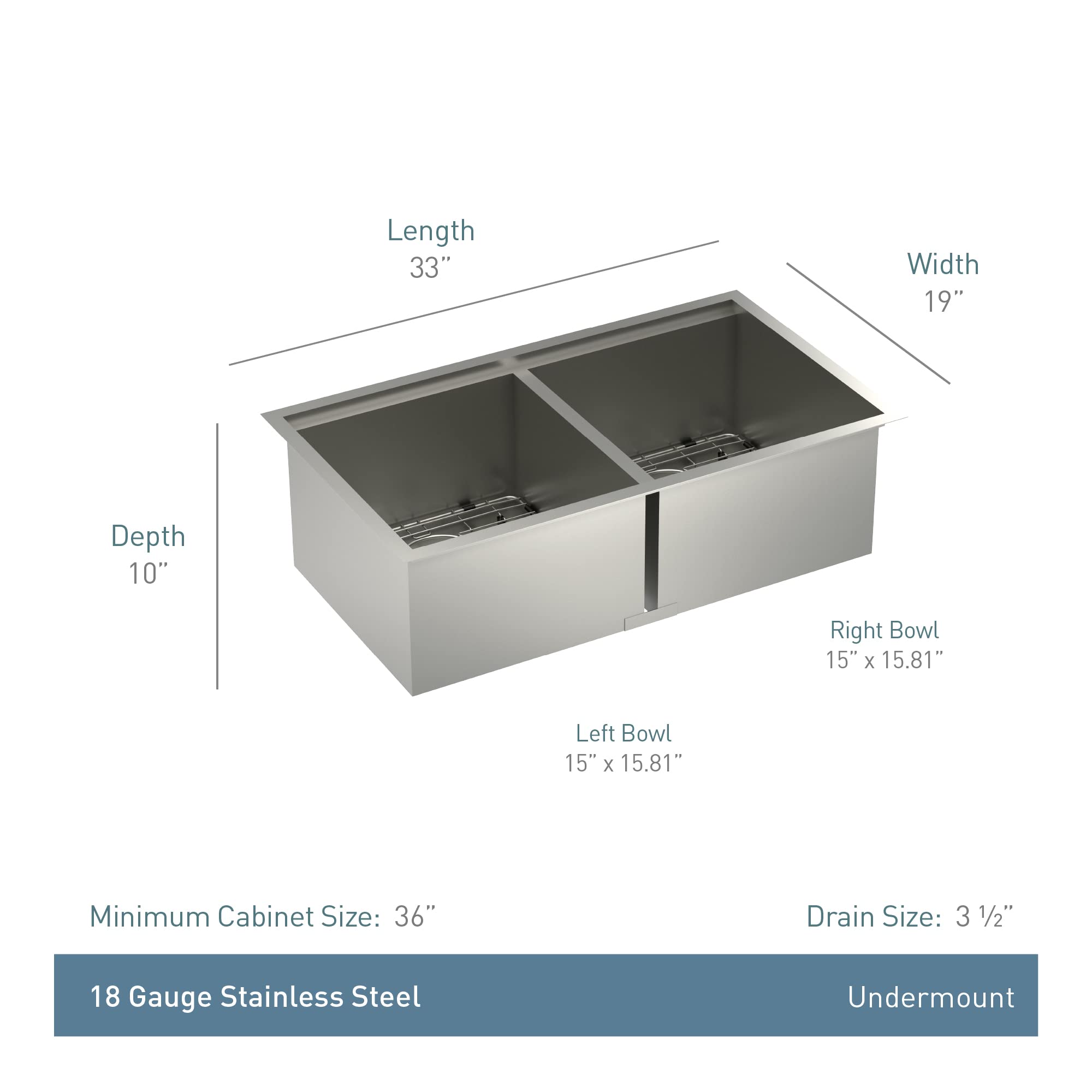 Stainless steel double bowl kitchen sink with two equal basins, bottom grids, and dimension labels.
