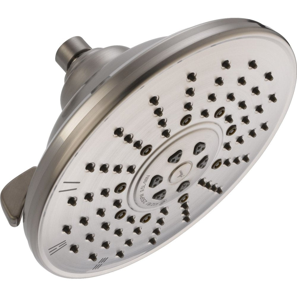Chrome and white raincan shower head with multiple spray jets and adjustable settings dial.