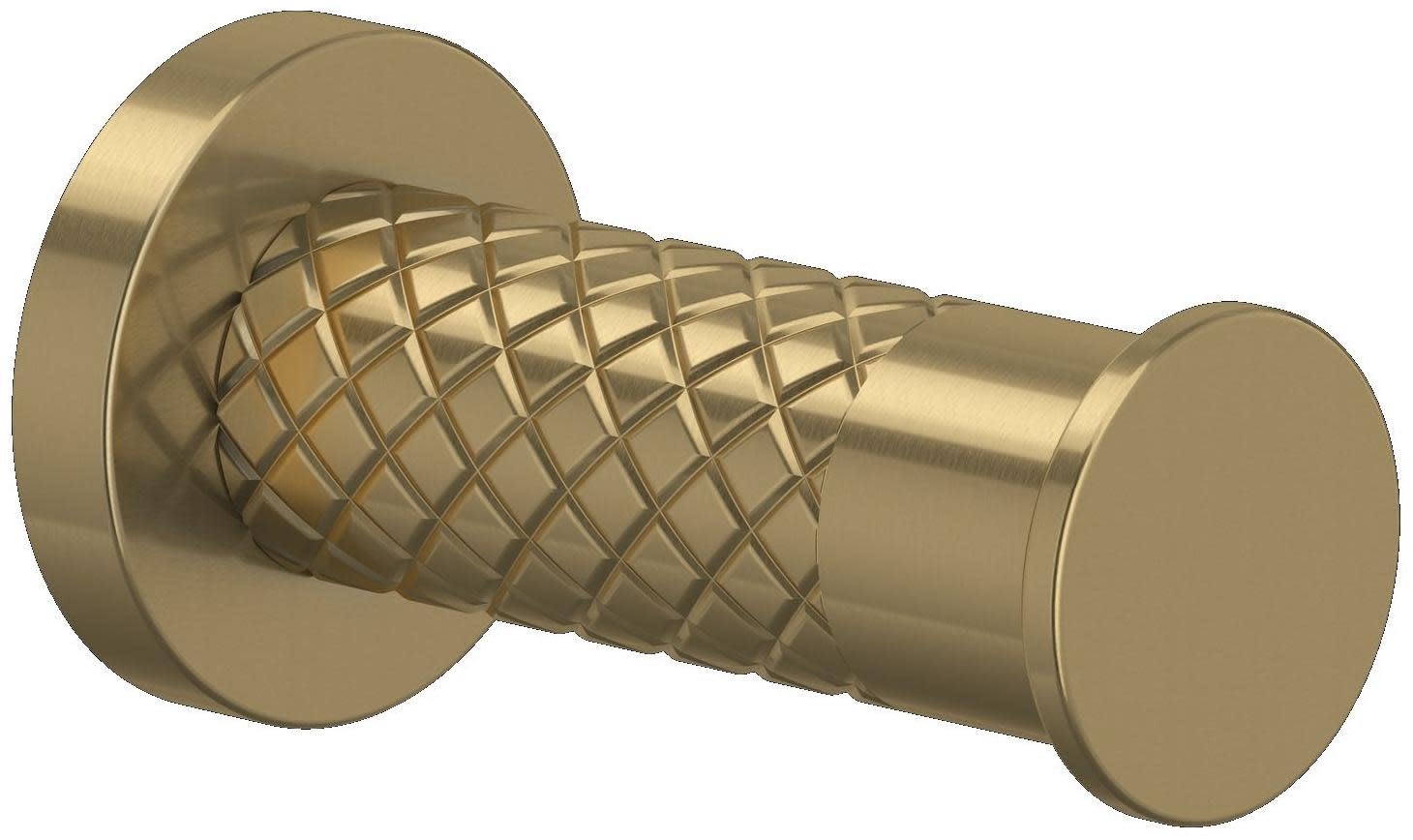 Antique gold robe hook with cylindrical end caps and crosshatch textured center section.