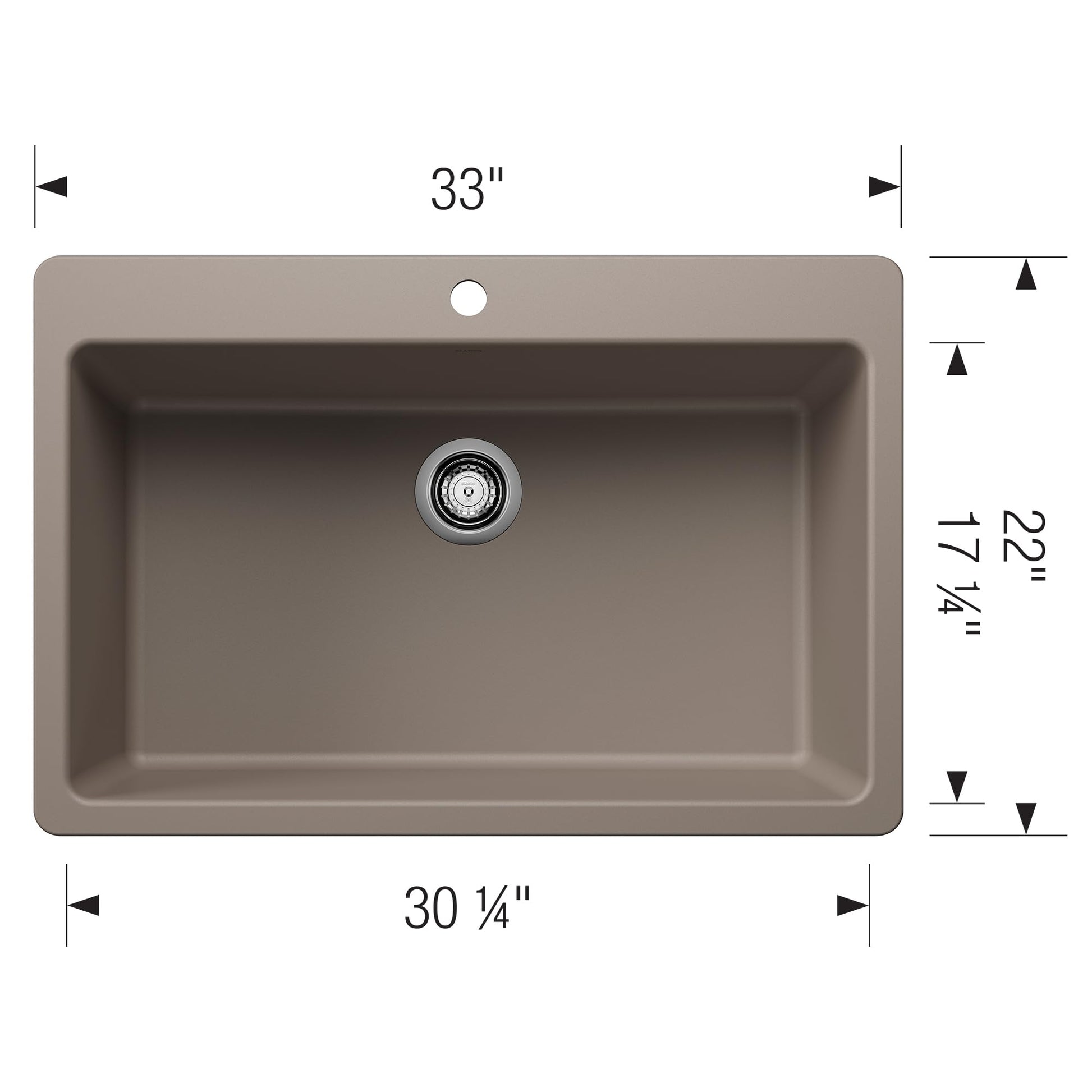 Truffle-colored single bowl kitchen sink with rounded corners, faucet hole, and drain, 33" wide by 22" deep.