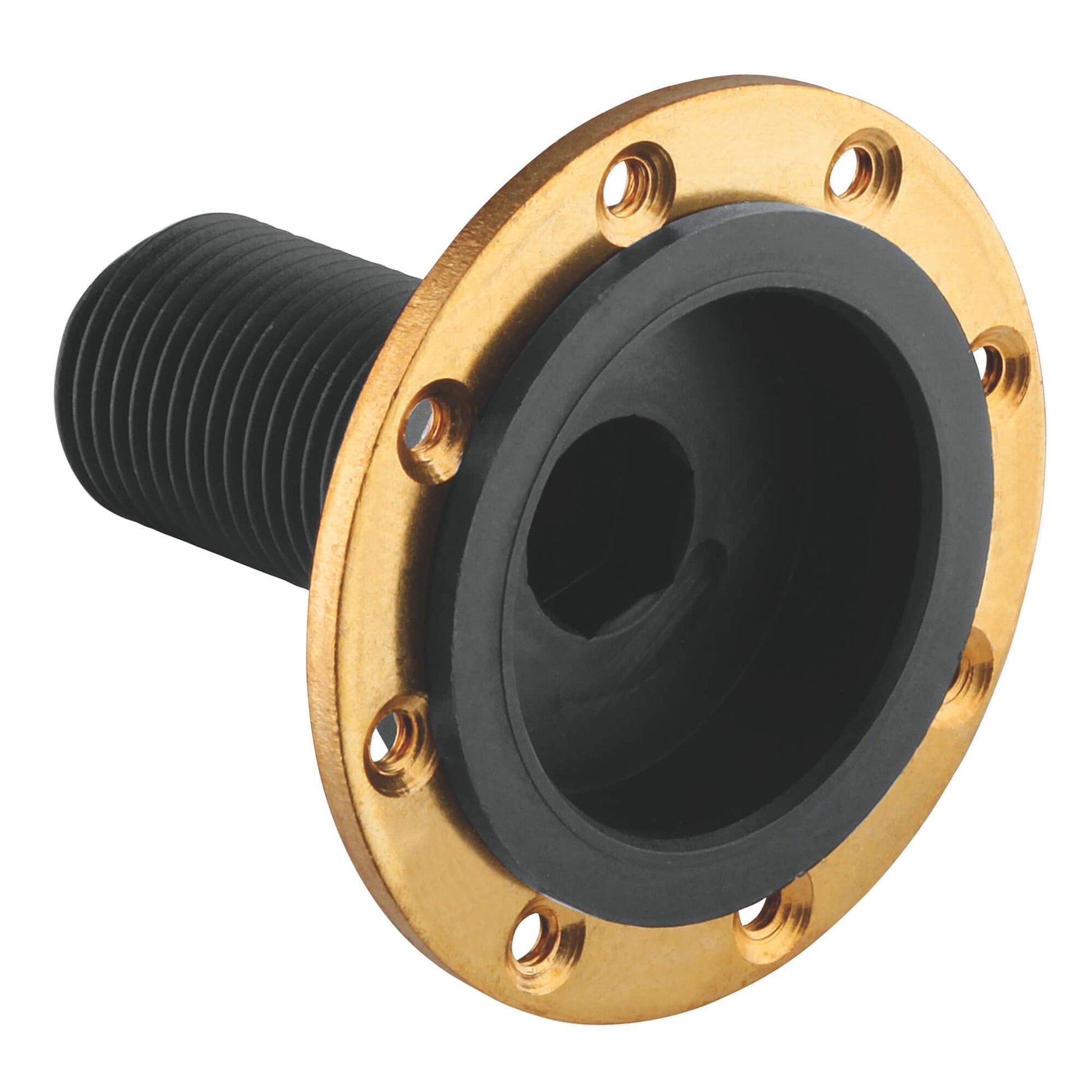 Chrome connection nipple with brass flange, black threaded inlet, and mounting holes.