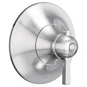 Chrome thermostatic shower valve trim with round escutcheon plate and lever handle.
