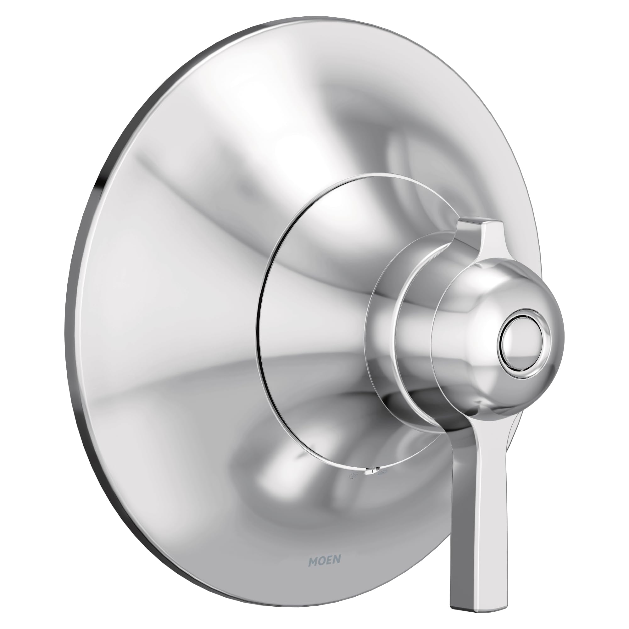 Chrome thermostatic shower valve trim with round escutcheon plate and lever handle.
