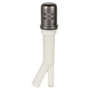 Hard graphite air gap with white plastic body and angled drain outlet for sink installation.