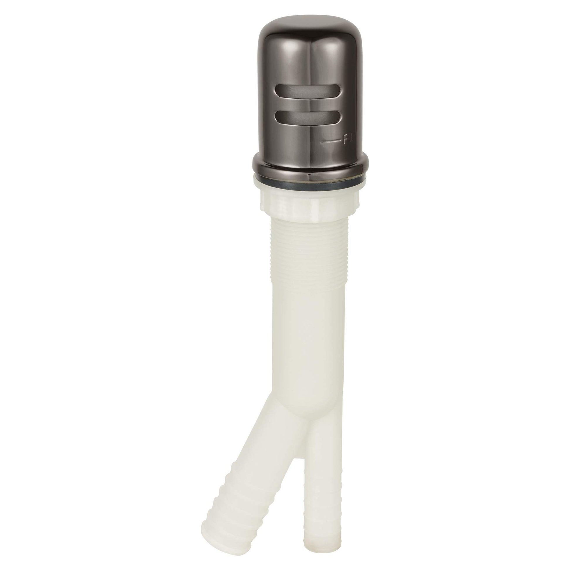 Hard graphite air gap with white plastic body and angled drain outlet for sink installation.