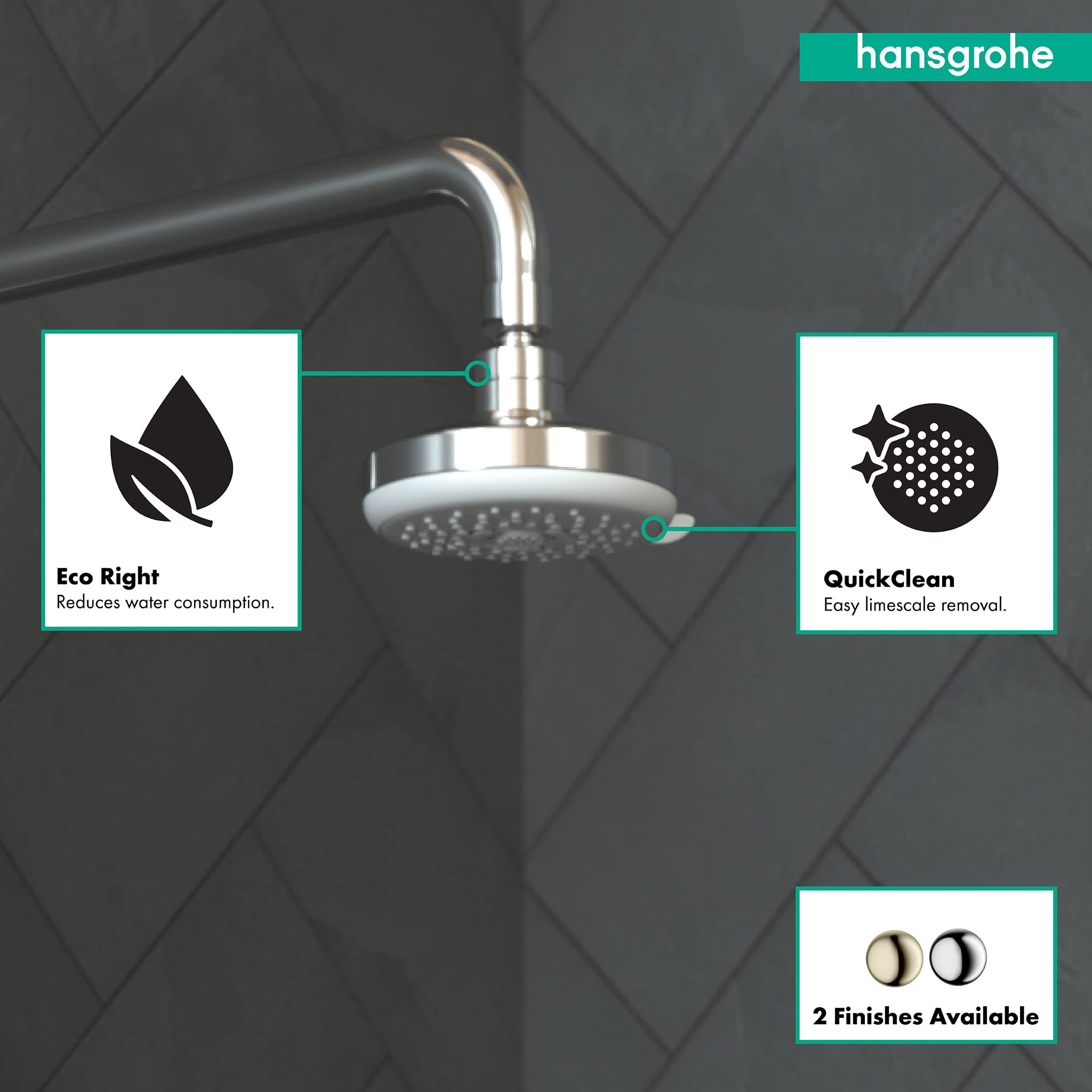 Chrome round shower head with curved arm, perforated spray pattern, mounted on dark textured wall.